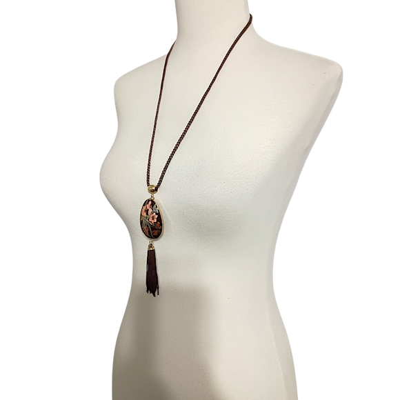 Vtg Cloisonne‎ Tassel Butterfly Necklace 70s Pendant Woven Cord Brown Dual Sided - Picture 10 of 16